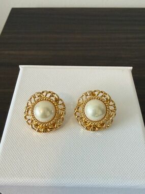 Alfred Sung Gold Filigree Pearl Clip‑On Earrings Vintage